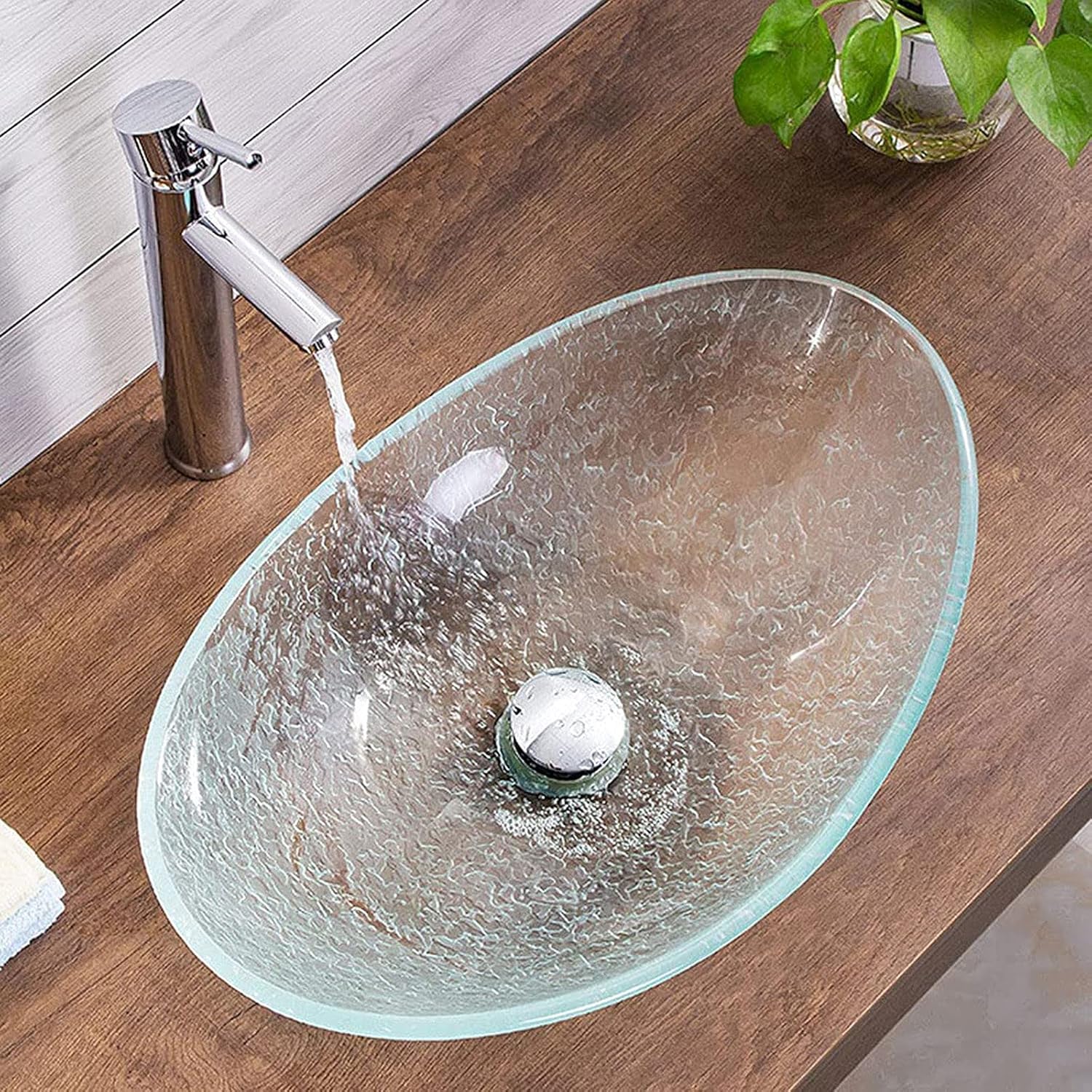 Bathroom Vessel Sink Oval Transparent Tempered Glass Basin Countertop Bowl Sink with Water Tap &Pop-up Drain Set,C