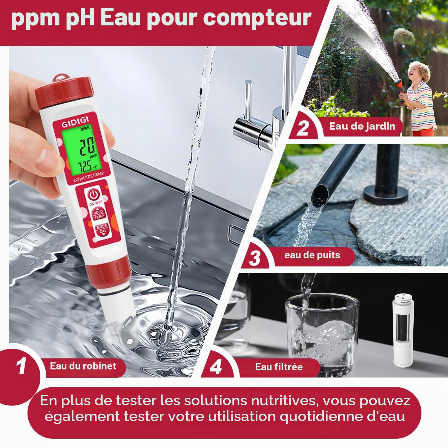 Compteur de pH, testeur de ppm hydroponique, compteur de pH ppm de nutriments, compteur numérique de température TDS EC pH et ppm pour l'eau, aquarium, piscines（manuel d'instructions en anglais）