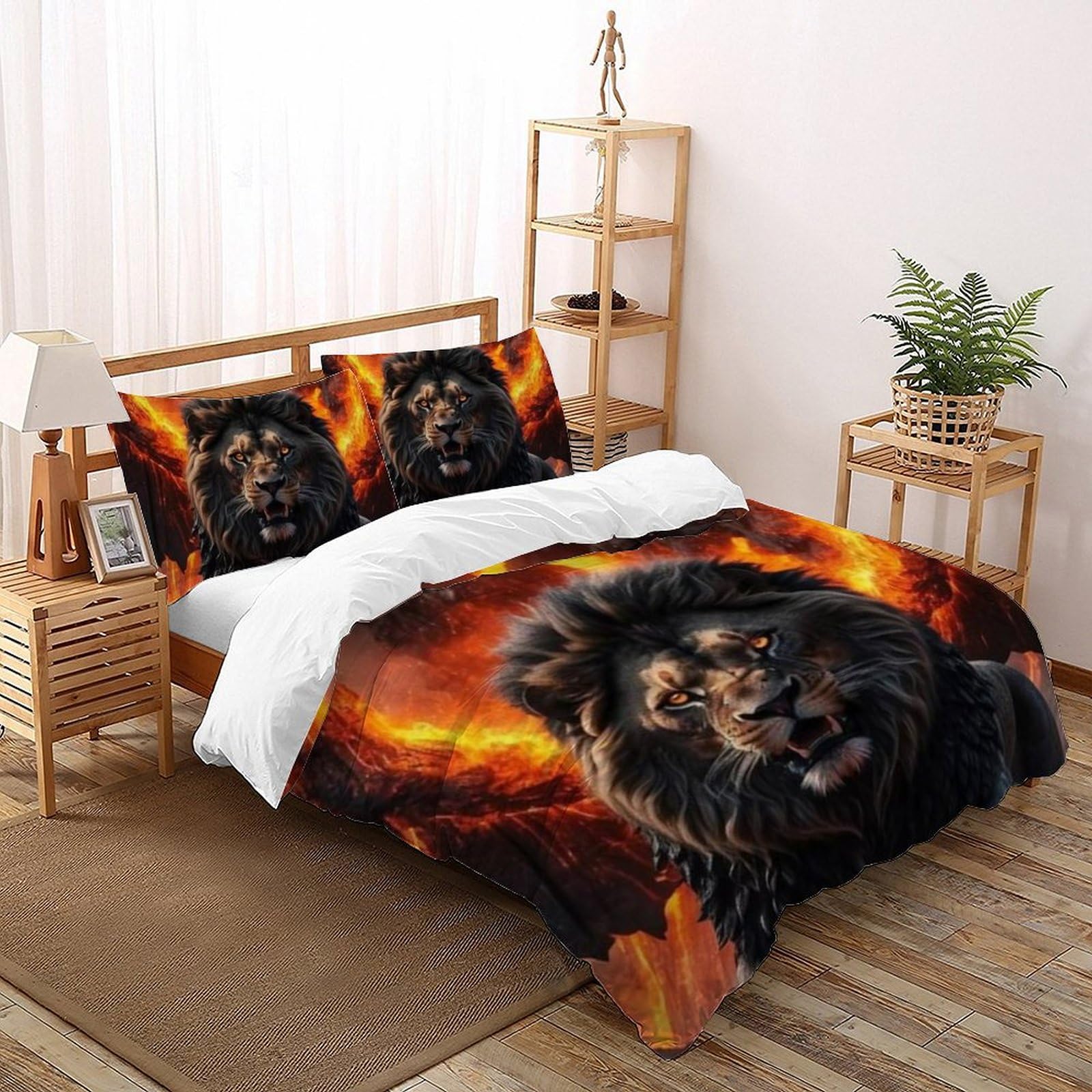 Housse de couette 200x200 lion féroce imprimé 3D microfibre chic
