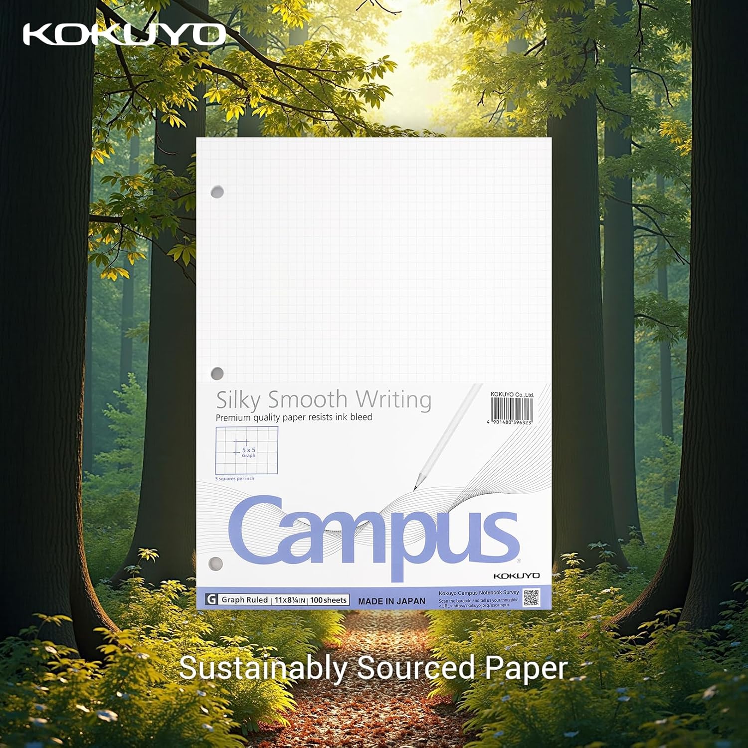 KOKUYO 5x5 Graph Paper, 8.25x11 Inches, 500 Sheets Loose Leaf Paper, Smooth Writing Surface, Bleed Resistant Filler Paper for Math, Engineering, Art Projects. Japan Import (WSG-NO-887G2x5)