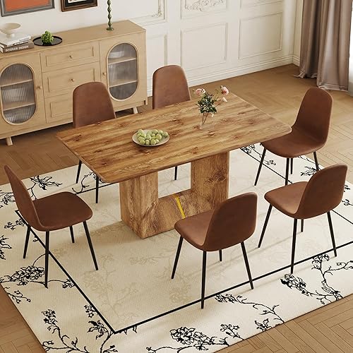 Miniatura 7 de Juego de mesa de comedor de 63'' para 6, juego de mesa de comedor de estilo granja de mediados de siglo para 6, mesa de grano de madera con base en