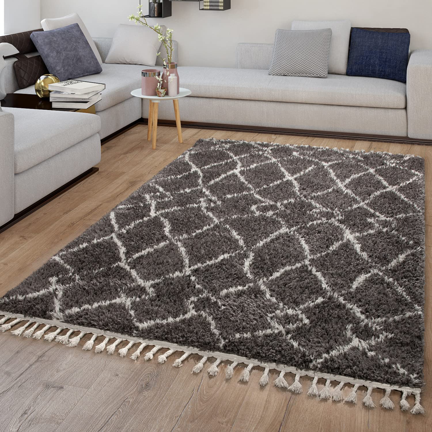 TT Home Tapis De Salon Tapis Shaggy Poil Long avec Franges Tapis Scandinave Abstrait, Couleur: Anthracite, Dimension:140x200 cm