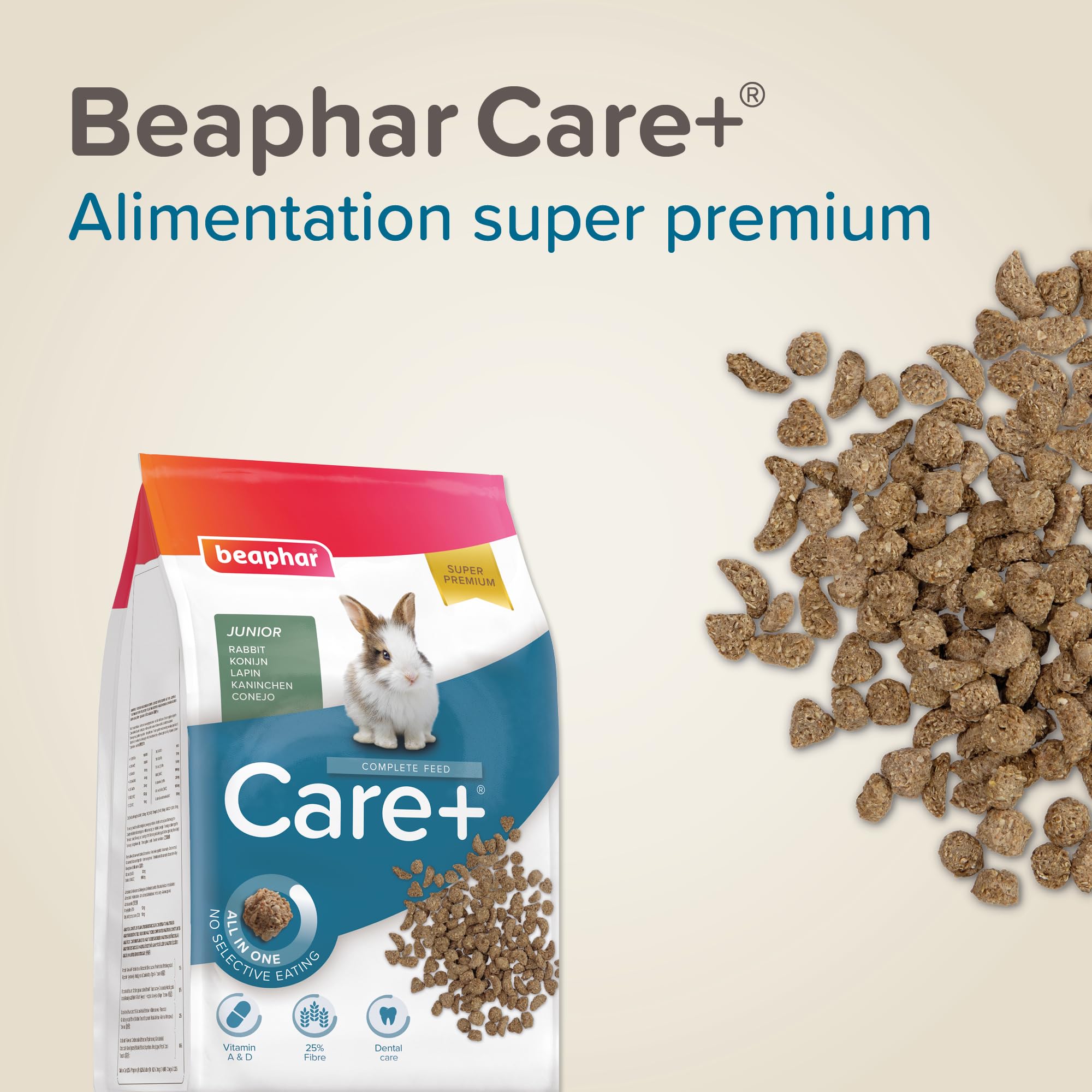 BEAPHAR – Care+ – Alimentation Super Premium extrudée pour Lapin Junior – 25% de Fibres – Appétent, sans Sucre ajouté ni Colorant – Haute digestibilité – Aide à l’Usure Naturelle de Dents – 1.5 kg