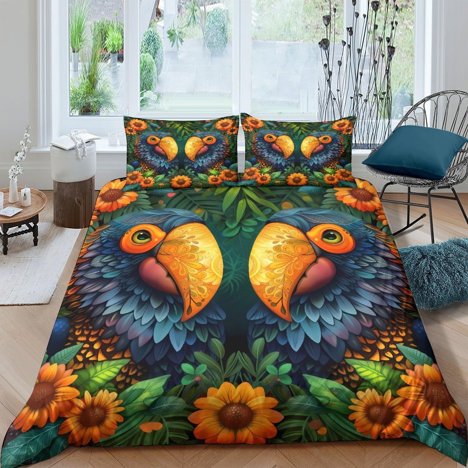Ctjqhvkz Style-9 3D Printed Vibrant Parrot Fitted Sheet Microfiber Sunflower Mattress Cover Non Slip Washable For Bedroom Guestroom Decor Single（135X200cm）
