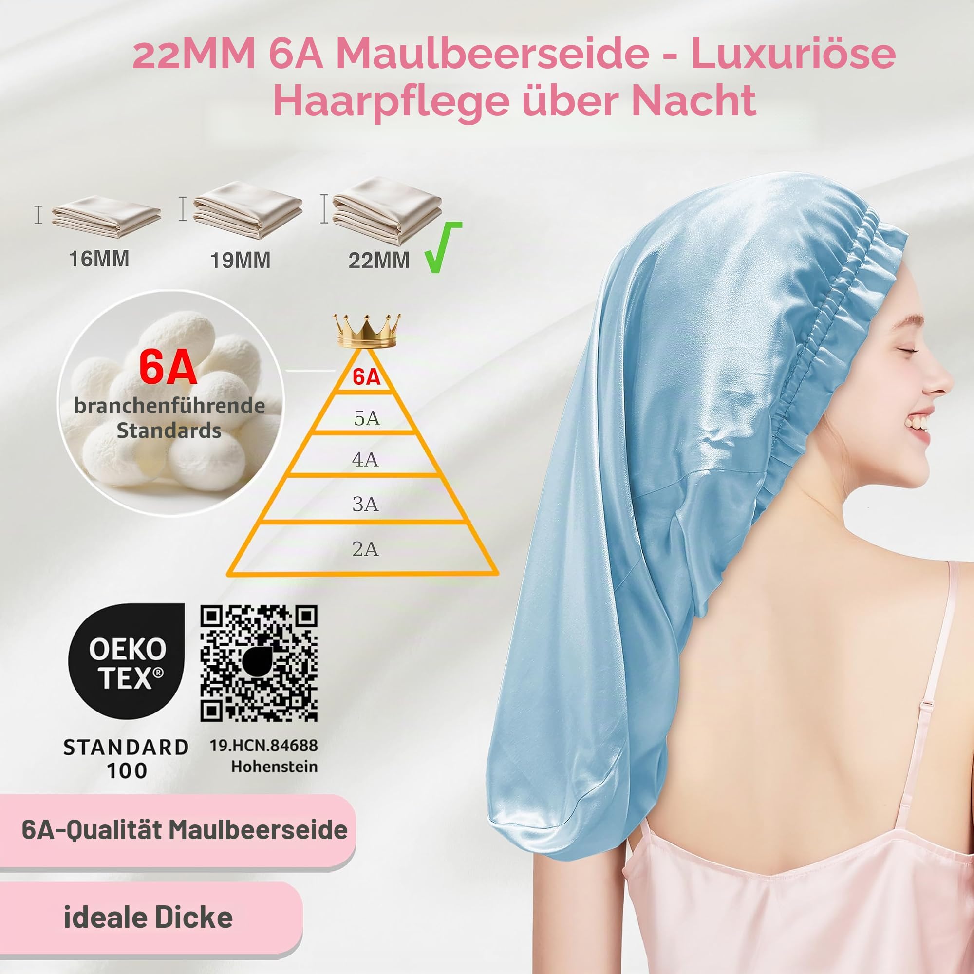 townssilk Seidenhaube zum Schlafen, 100% 22 Momme Maulbeerseide, für Damen, luxuriös, atmungsaktiv, sitzt sicher über Nacht & druckfrei, ideal für lange & lockige Haare – IceBlue 80cm