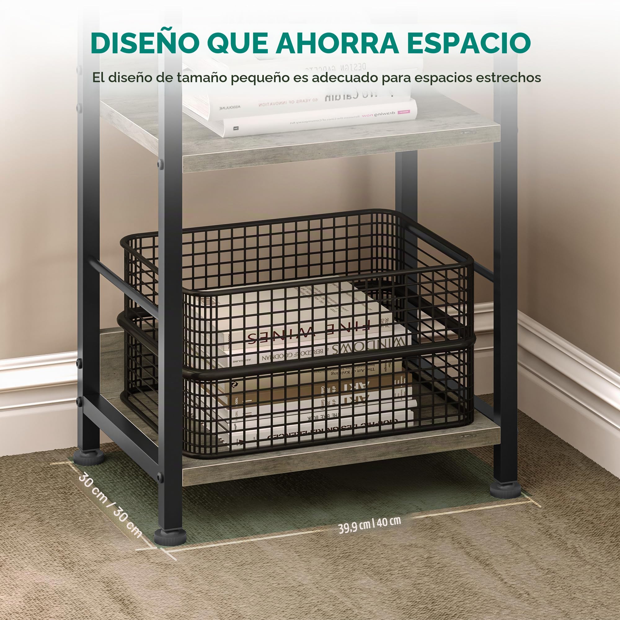 YITAHOME Estantería de 6 Niveles, Librería de Piso con 4 Ganchos, Estante de Madera y Marco de Metal, Estantería Industrial Alta, Almacenamiento para Sala de Estar, Oficina en Casa, Gris