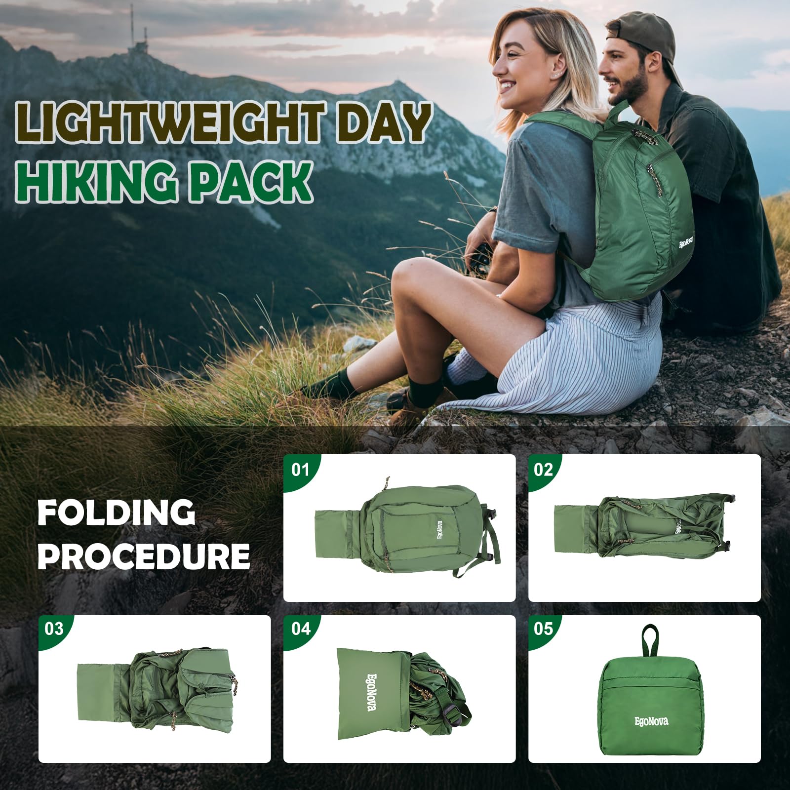 Mochila de senderismo, mochila plegable de 12 litros, ligera y resistente al agua para senderismo, campamento y actividades al aire libre (verde oscuro) 7