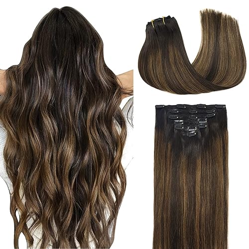 DOORES Extensiones de cabello humano real con pinzas, balayage, color marrón oscuro a castaño de 12 pulgadas, 7 piezas de 2.33 onzas, extensiones de