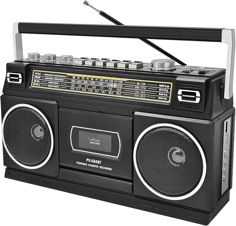 Reproductor de Cassette Boombox con Bluetooth, Radio AM/FM/SW y Grabación a USB, Sonido estéreo de 24 W, 4 Modos de Potencia, estéreo Retro portátil para Interiores y Exteriores, Negro clásico