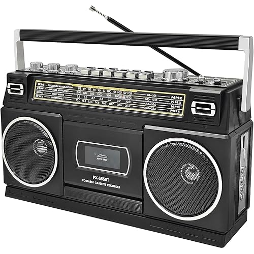 Cassette Player Boombox with Bluetooth, AM/FM/SW Radio & Record to USB, 24W Stereo Sound, 4 Power Modes, Portable Retro Stereo for Indoor Outdoor, Classic Black
