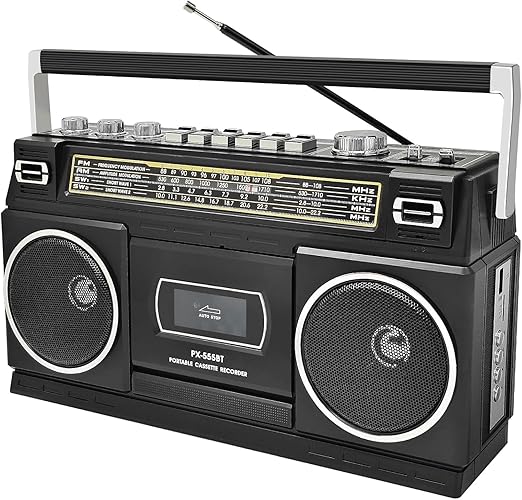 Cassette Player Boombox with Bluetooth, AM/FM/SW Radio & Record to USB, 24W Stereo Sound, 4 Power Modes, Portable Retro Stereo for Indoor Outdoor, Classic Black