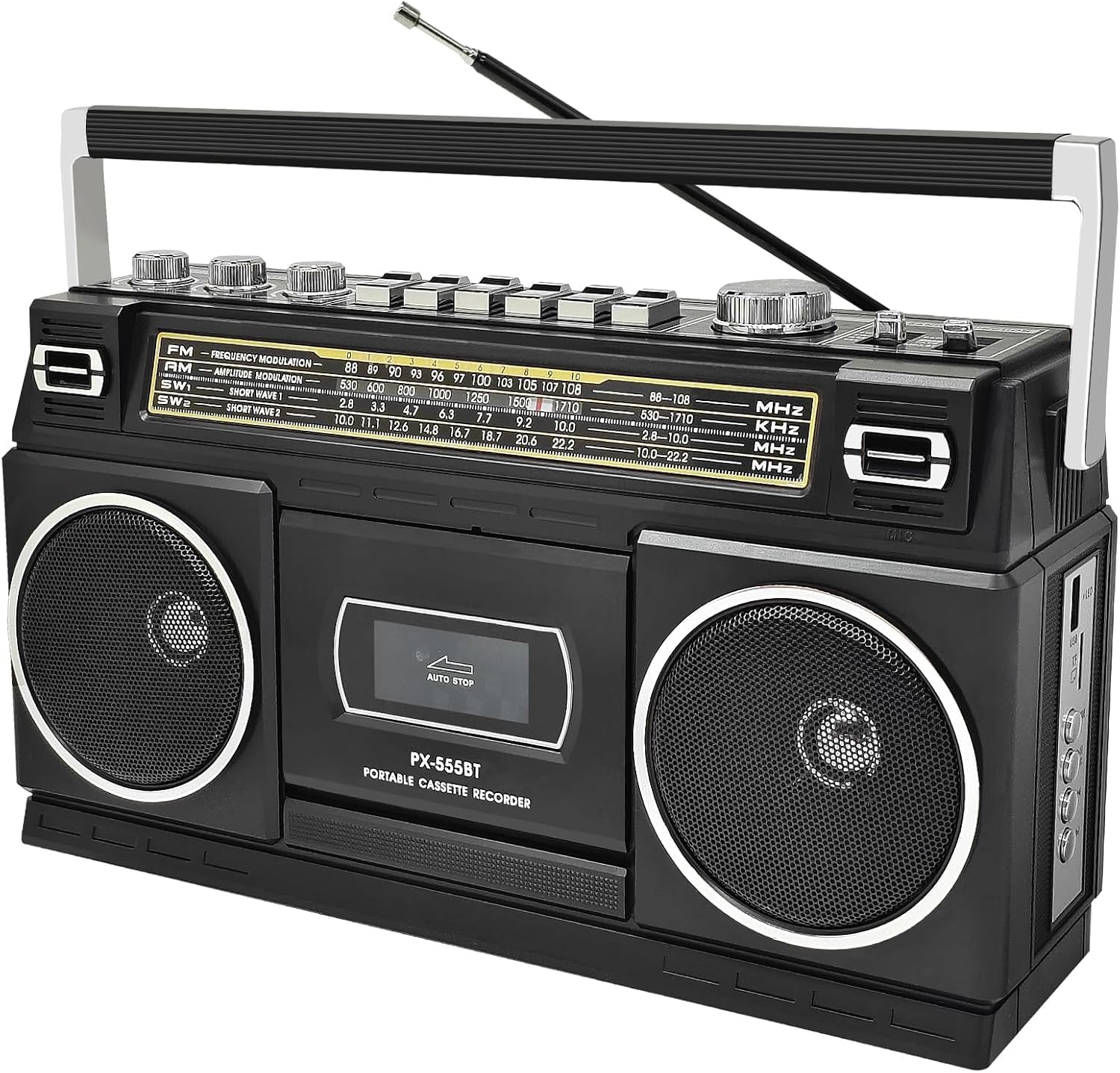 Cassette Player Boombox with Bluetooth, AM/FM/SW Radio & Record to USB, 24W Stereo Sound, 4 Power Modes, Portable Retro Stereo for Indoor Outdoor, Classic Black