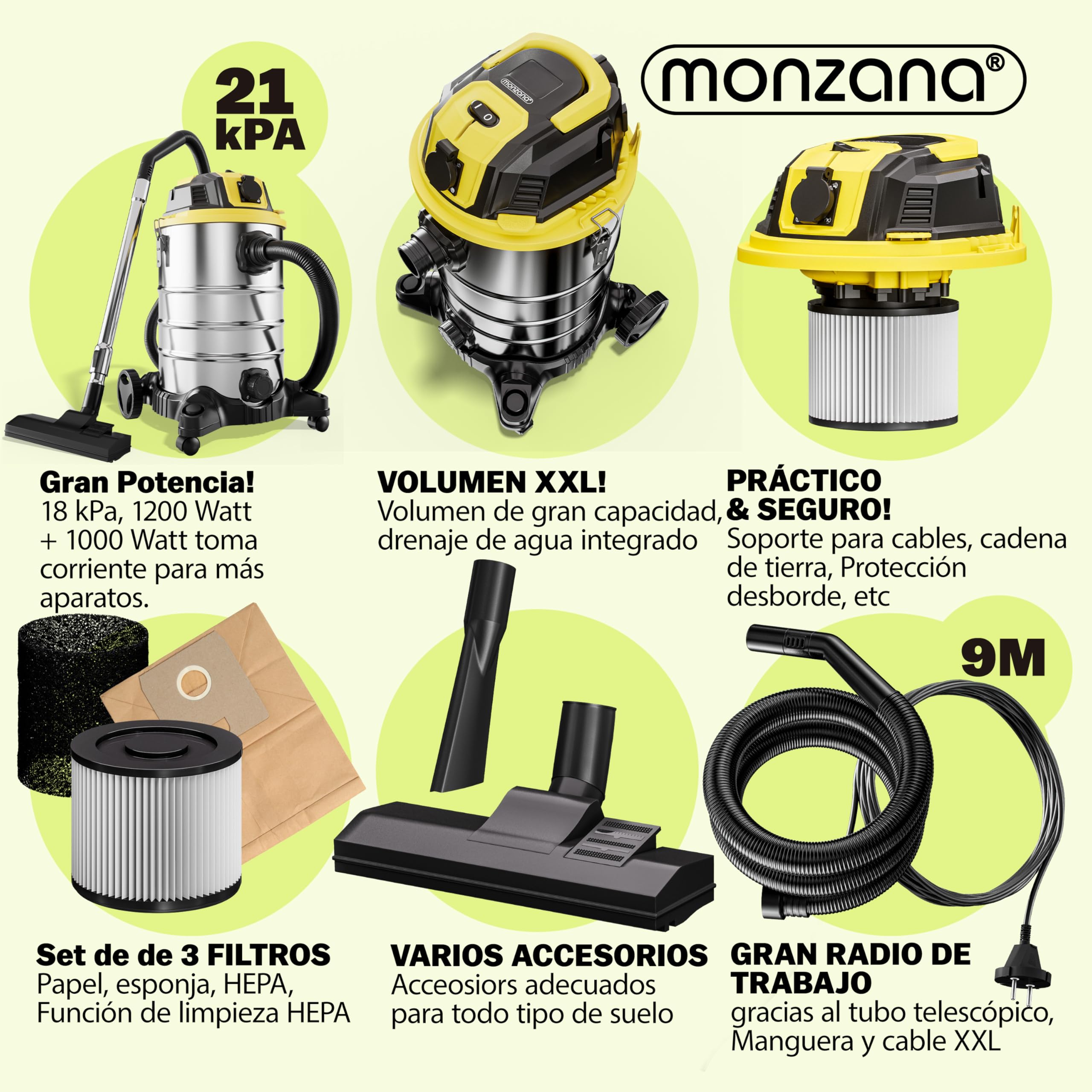 Monzana Aspirador Seco y Húmedo 2200W 30L Industrial Cable 5m Soplador Acero Inoxidable