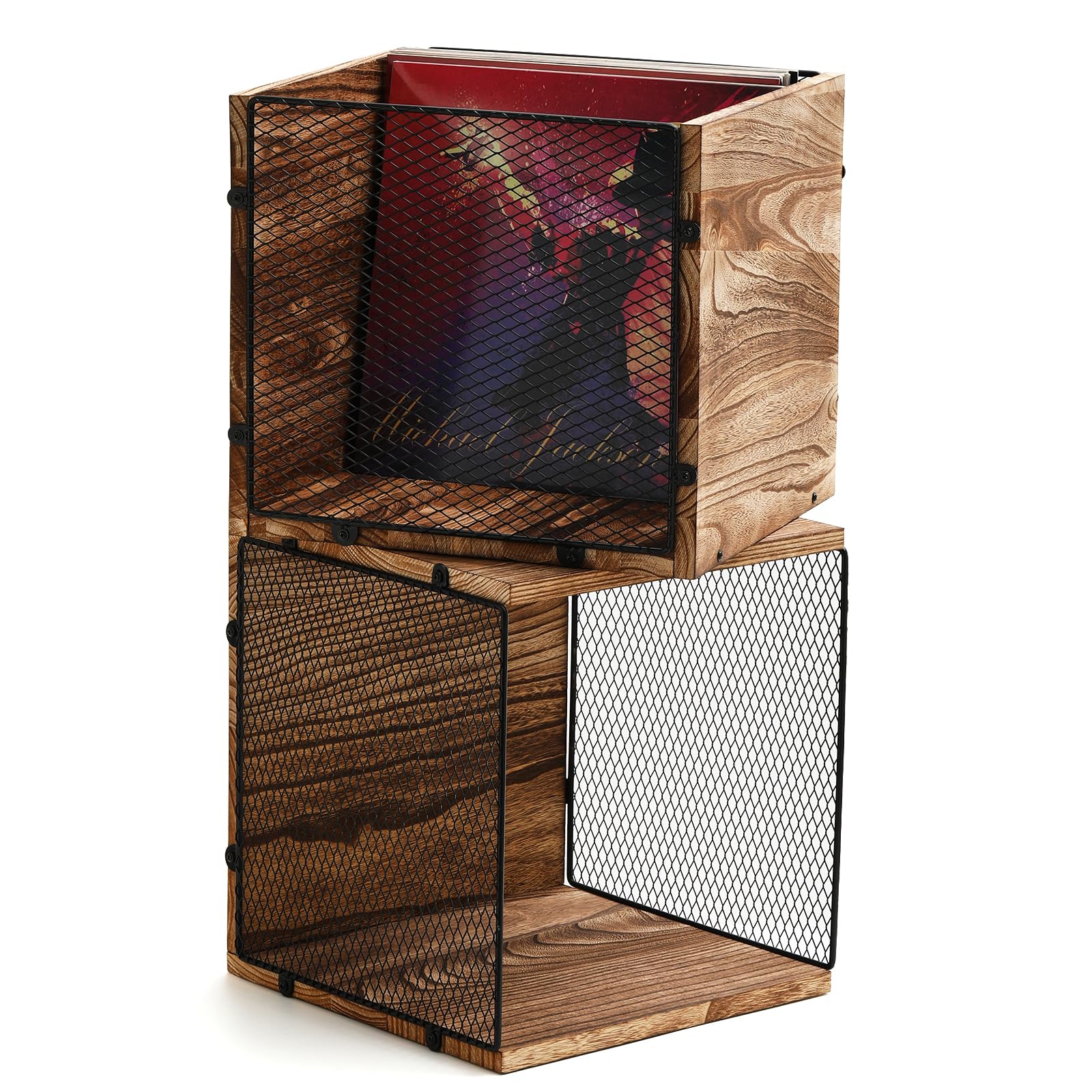 Sanmatin Sanmtin Vinyl Record Storage Crate,Wooden and Metal Vinyl Record Holders for 80-100 LP, Sturdy Album Storage Box Cube (Retro Brown, 2)