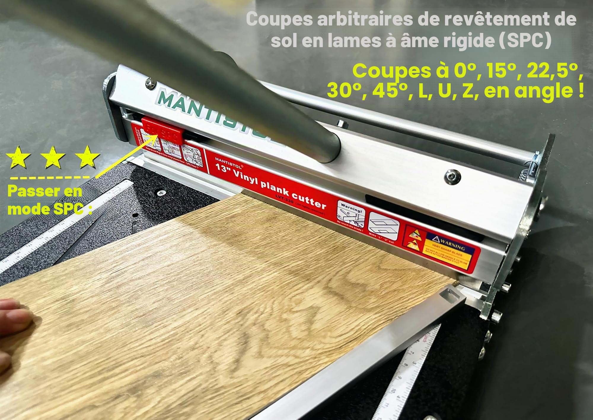 Coupe-sol en vinyle rigide Pro de 33 cm avec lame de rechange de 33 cm, double le temps de coupe SPC/LVT/WPC jusqu'à 9 mm. Coupes d'angle instantanées 15/22,5/30/45. Aucune mesure ! Pas de devinettes