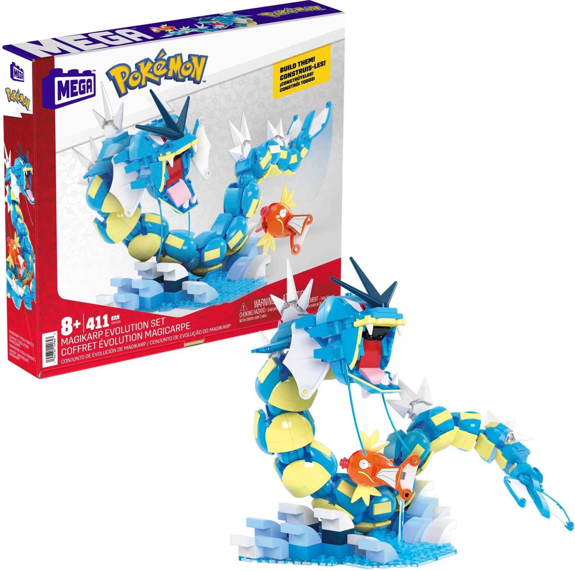 MEGA Pokemon Ewolucja Magikarpa Zestaw klocków (411 elementów), Gyarados (50 cm długości) do ustawiania w różnych pozach, HNT95