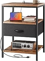 Vista 27 de SUPERJARE - Mesita de noche con estación de carga, con cajón de tela ajustable, para dormitorio, mesa auxiliar de almacenamiento de 3 niveles