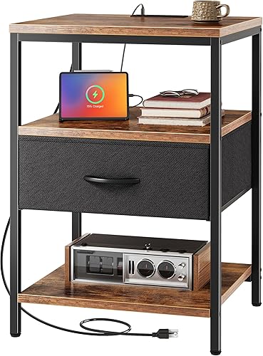 Miniatura 29 de SUPERJARE - Juego de 2 mesitas de noche con base de carga, cajón de tela ajustable, mesita de noche para dormitorio, de 3 niveles, para sala de café