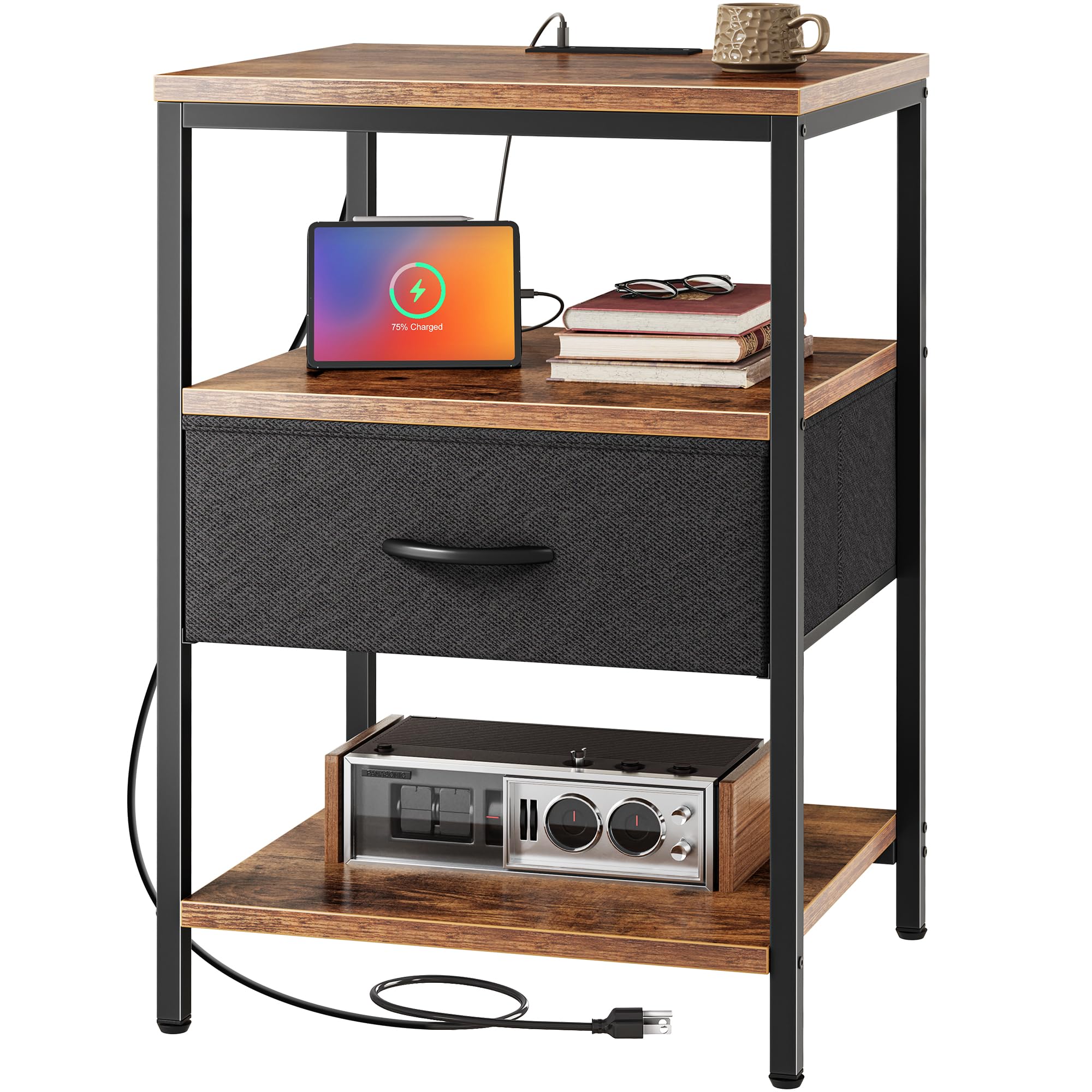 superjare night stand with charger station, 27.7 inch tall nightstand with adjustable fabric drawer, bed side table, fabric drawer dresser for bedroom, living room, rustic brown and black