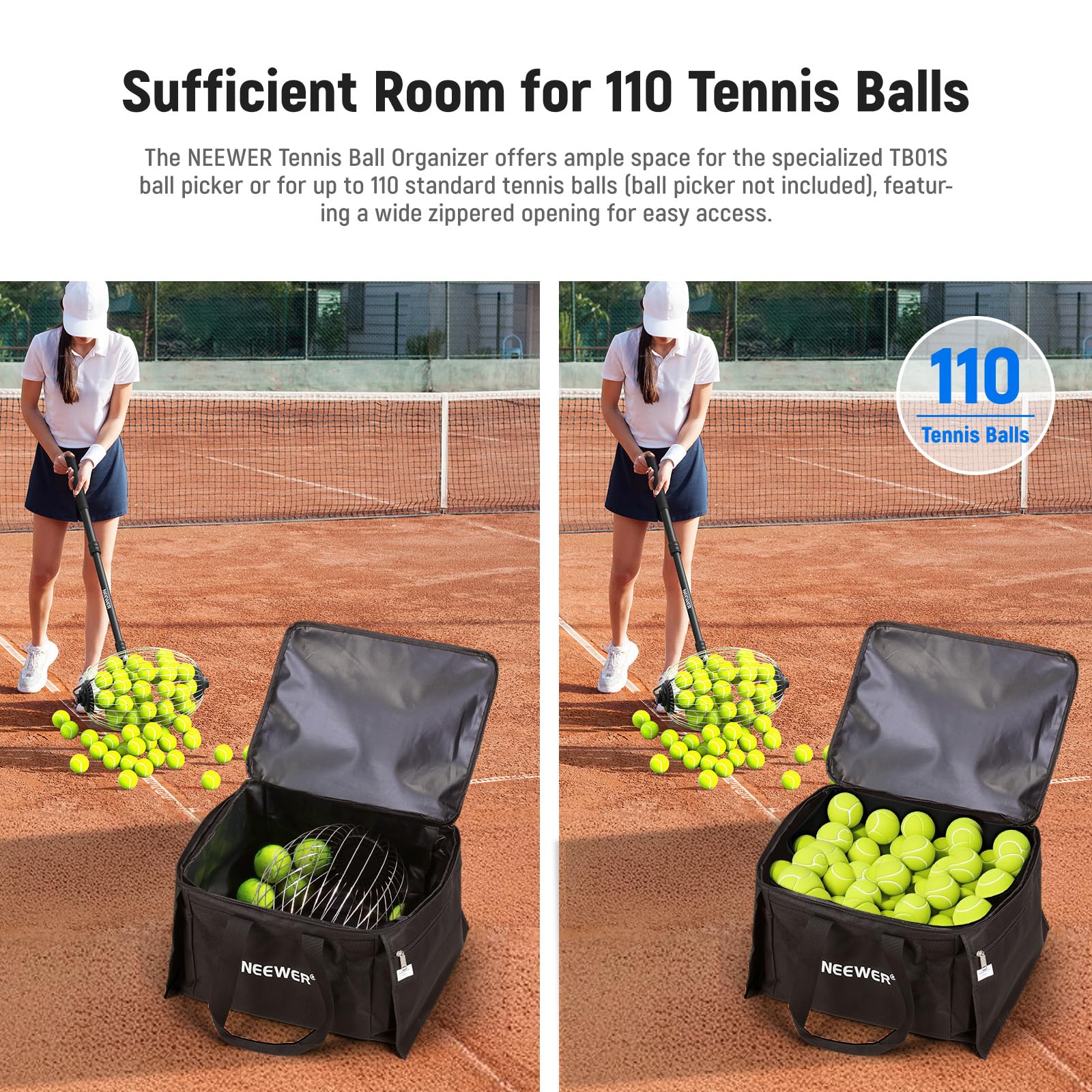NEEWER Tennis Ball & Pickleball Hopper for 110 Balls Heavy Duty Polyester Carry Bag for NEEWER TB01S Tennis Ball Roller, Portable Lightweight Baseball Golf Caddy Basket Holder with Side Pockets, TB01B