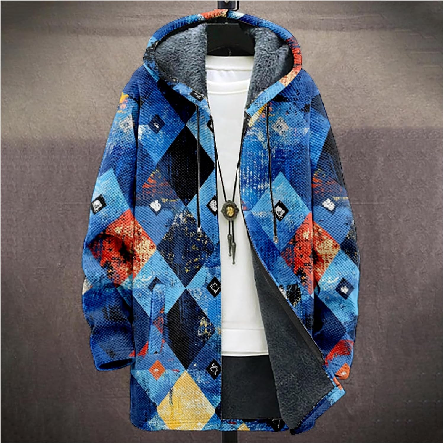 Mens Long Cardigan Hoodies Geometric Hooded Jacket Open front Knitted Sweater Hoodie with Pockets Winter Coats - Image 2