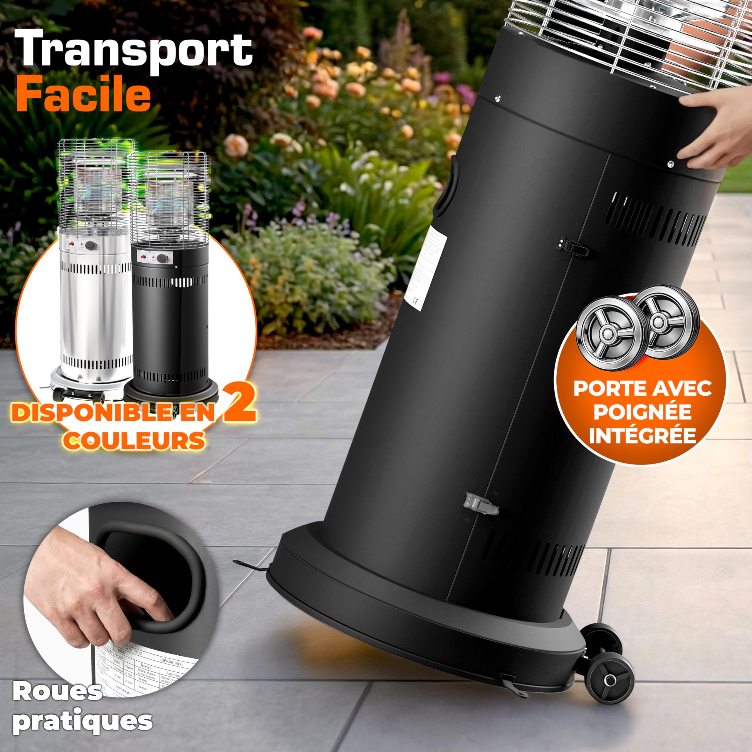 TRESKO Chauffage de terrasse à gaz 11kW + roulettes, pour bouteilles 5 & 11kg | Chauffage extérieur puissant pour terrasse, balcon, jardin, camping | Parasol chauffant avec tuyau et détendeur (Noir)
