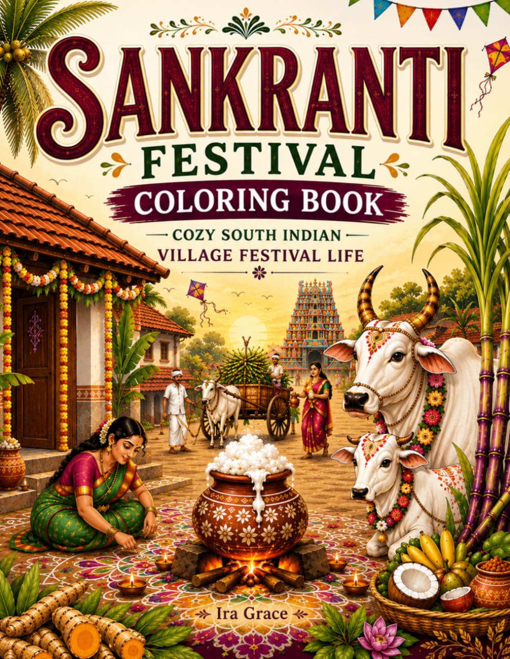 Colors of India: Sankranti Festival Coloring Book for Adults: Bold and Easy South Indian Village Festival Scenes Inspired by Pongal, Harvest Traditions, Kolam, Decorated Cows & Rural India