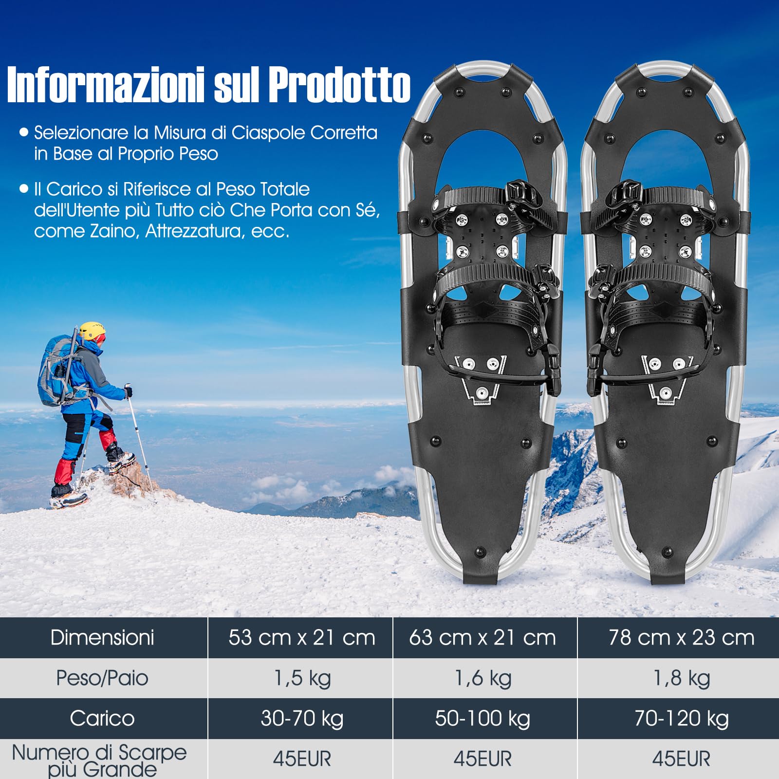 COSTWAY Ciaspole da Neve 4 in 1 per Uomini, Donne e Ragazzi per Scarpe 35-45 in Alluminio con Sistema di Perno Flessibile Doppio, Bastoncini Regolabili e Borsa, Adatte per 30-130 kg