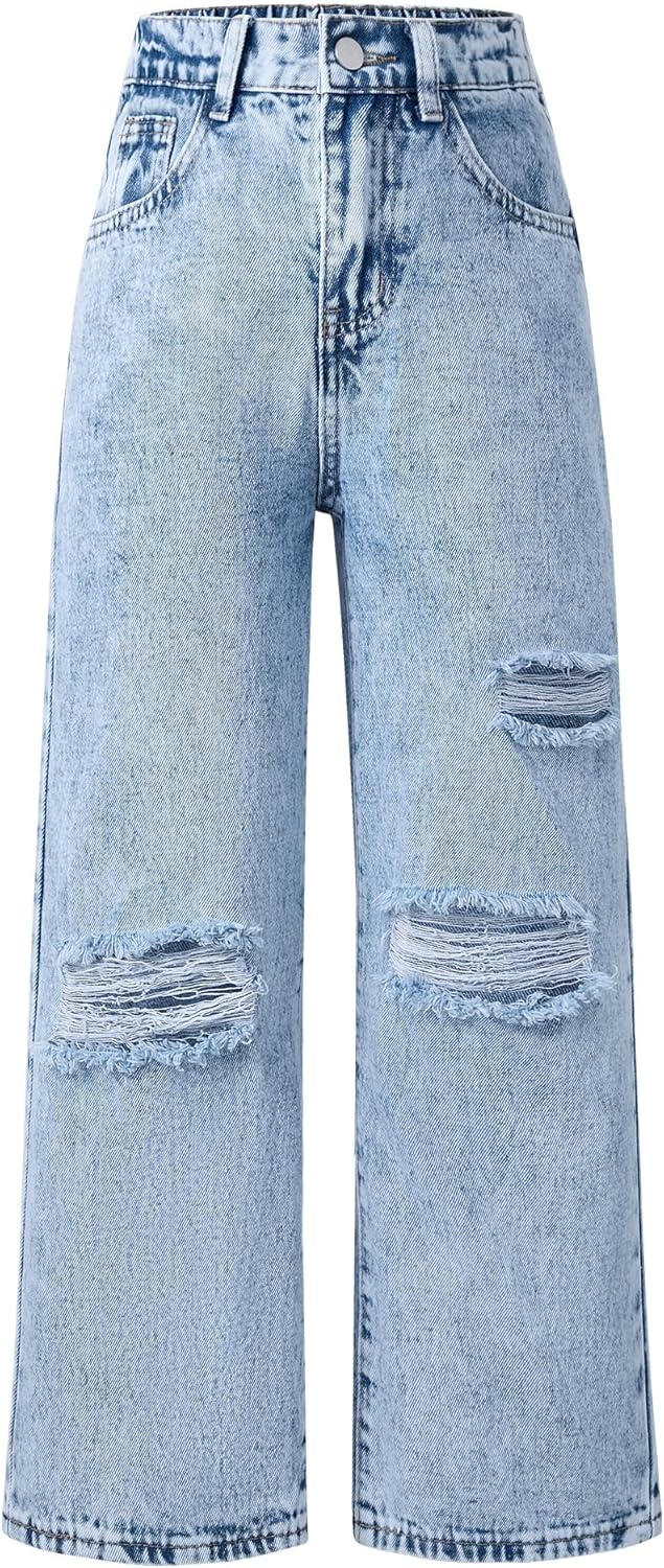 Girls Ripped Jeans Wide Leg Distressed Denim Pants Straight Leg Loose Trousers Elastic Waist Y2K Pant 5-14 Years