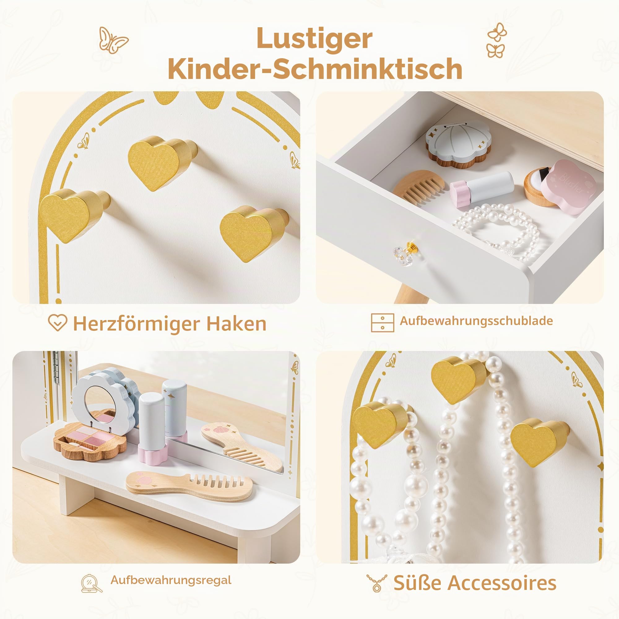 ROBUD Kinder Schminktisch mit Hocker: Mädchen kinderschminktisch mit Spiegel, Rollenspiel Schminktisch für Kinder, Frisiertisch mit Schublade und Zubehör für Kinderschminke, ab 3 Jahren （Weiß-golden）