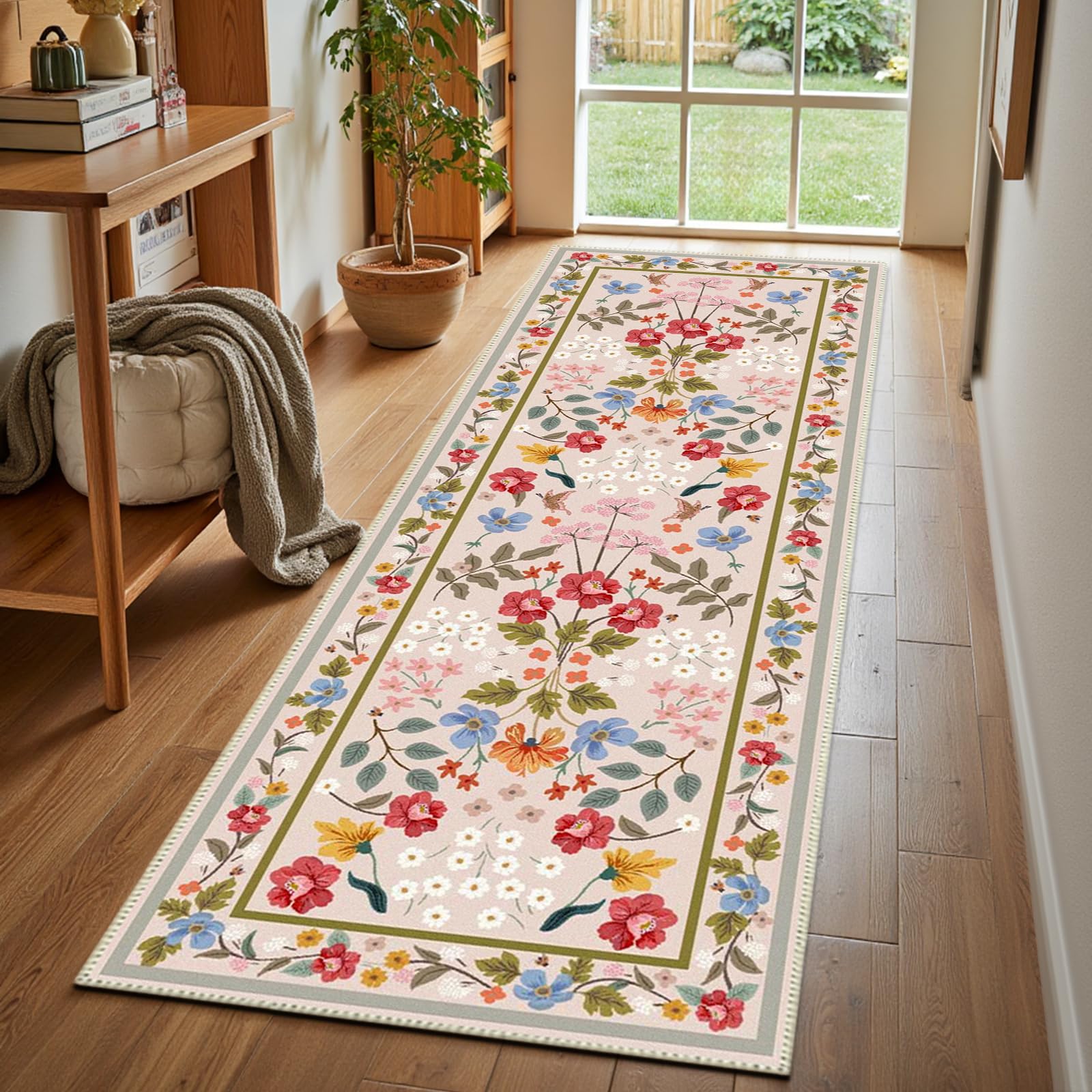 Azadx Runner Rug for Hallways 2'x 6' Washable Runner Rugs with Rubber Backing Non-Slip Carpet Runners Rug Flower Pattern Printing Soft Faux Wool Ruggable Rugs for Kitchen, Laundry, Bedroom, Bathroom