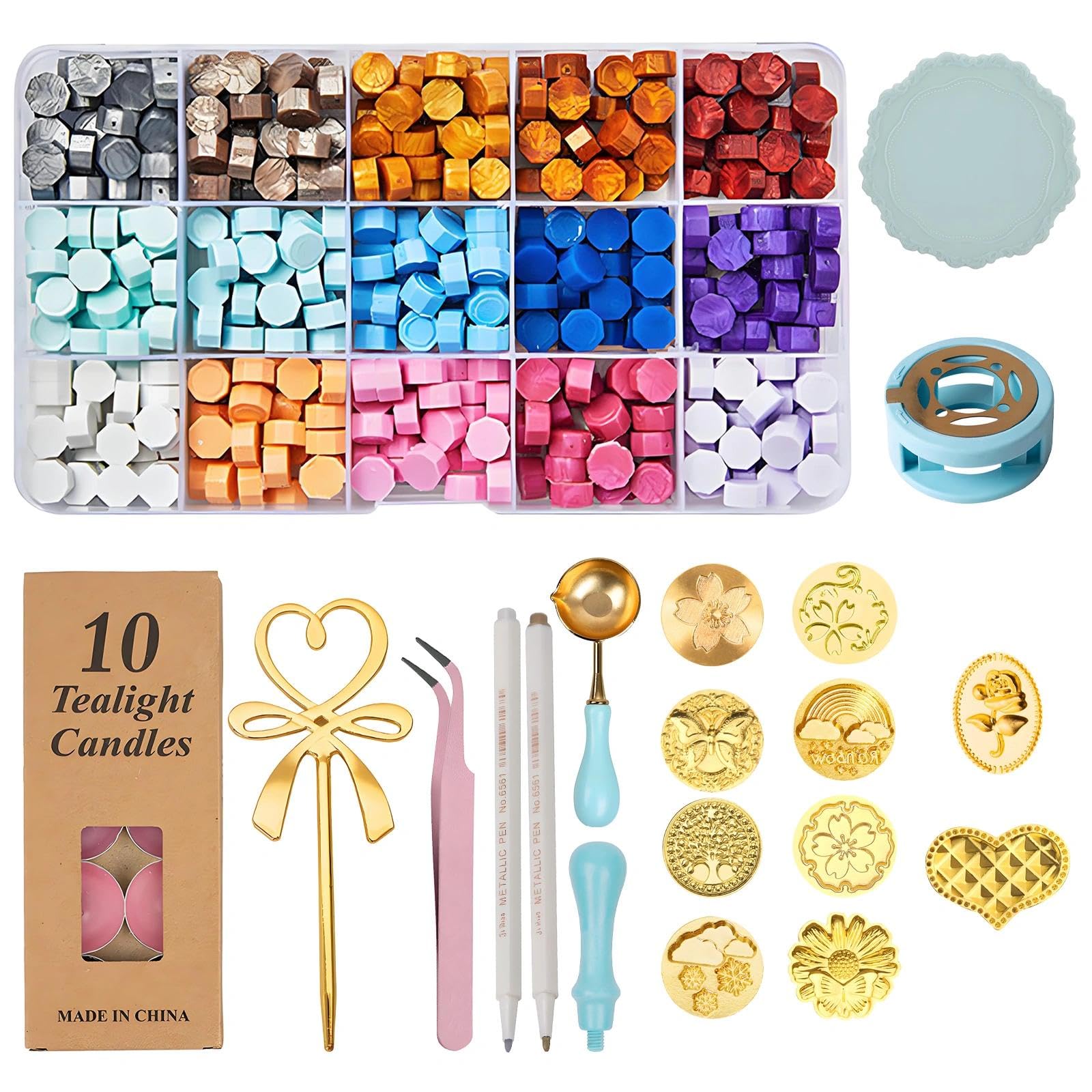 560Pcs Wax Seal Kit, 15 Colors Sealing Wax Beads, Complete Set with Wax Warmer, Spoon, Candles, Metallic Pens and Stamp Mat, Perfect for Vintage Envelopes, Letters, Wedding Invitations & Crafts Decor