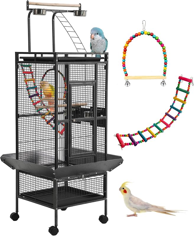 Large Bird Cages for Parakeets, Cockatiel Cage for Birds with Parrot Toys,Skirt Seed Catcher, Play Top Slide-Out Tray for Conure Canary Finch Lovebird Pigeon Budgie Quaker Parrot