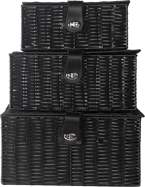 Resin Woven Storage Baskets Black - Set of 3 | Shelf Storage Boxes | Home Organisers Bins (3 Sizes) | For Bathroom, Bedroom or Play Room | M&W