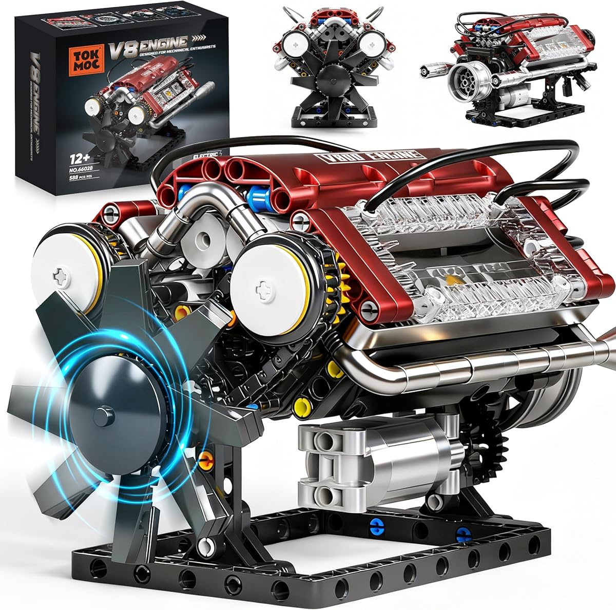 HGYYGACN V8 Engine Building Blocks Sets, V8 Engine Model Kit, Runnable Model Engine Building Sets, Mini Engine Kits with Crankshaft & Rotating Fan, Christmas Gift for Adults & Kids