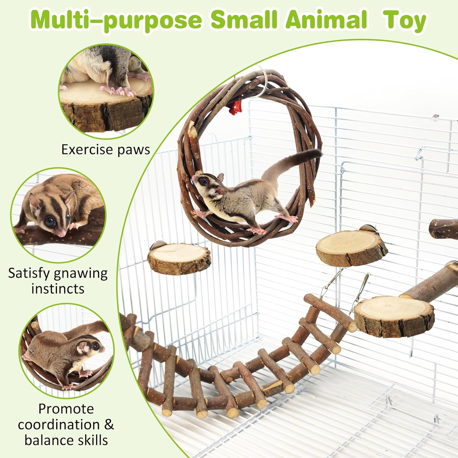 BNOSDM 6PCS Chinchilla Cage Accessories, Natural Wood Sugar Glider Climbing Bridge & Perch Platforms, Rat Enrichment Toys Set for Small Animals Squirrel, Gerbil, Hamster