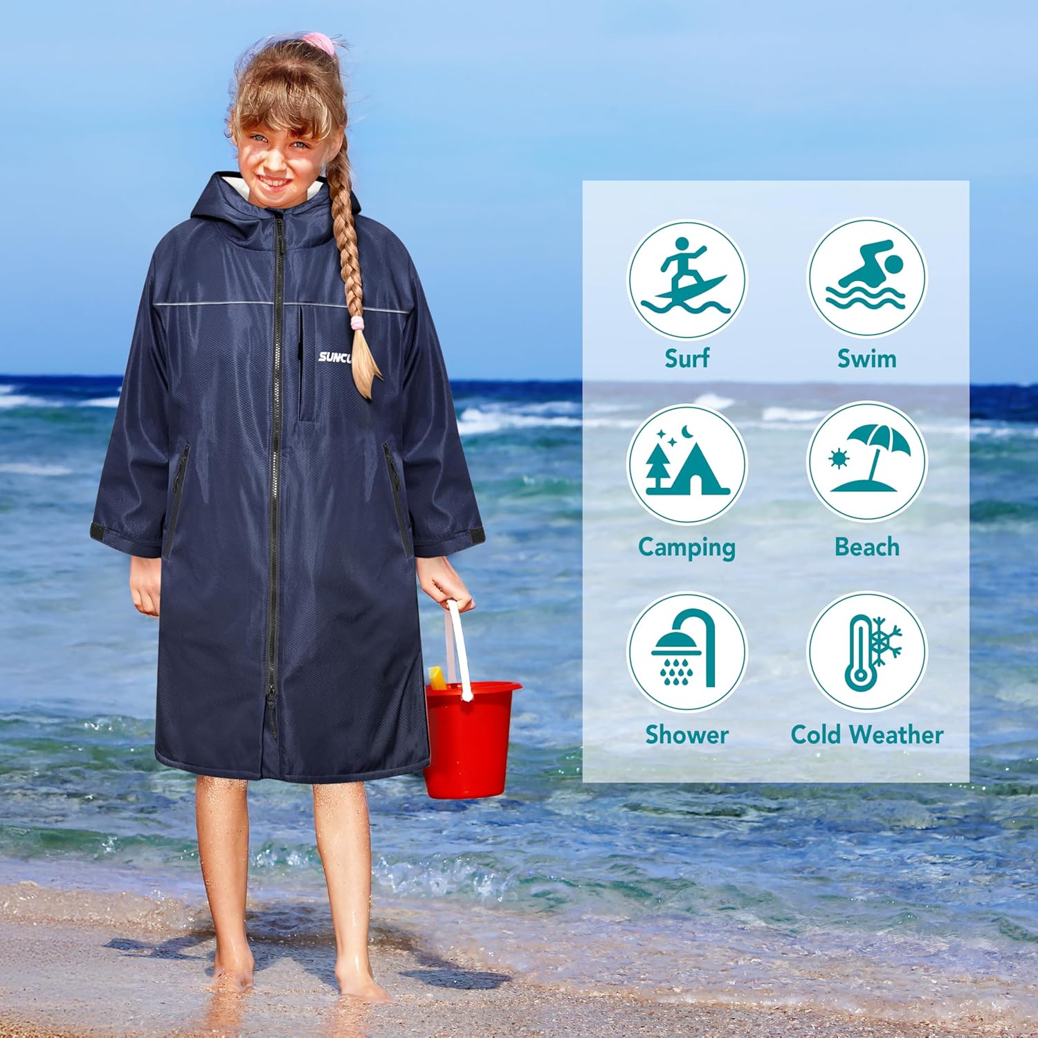 SUN CUBE Swim Parka Boy Girl, Kids Unisex Hooded Changing Robe with Sherpa Lining for Swimming, Surfing, Water Sports - Image 6