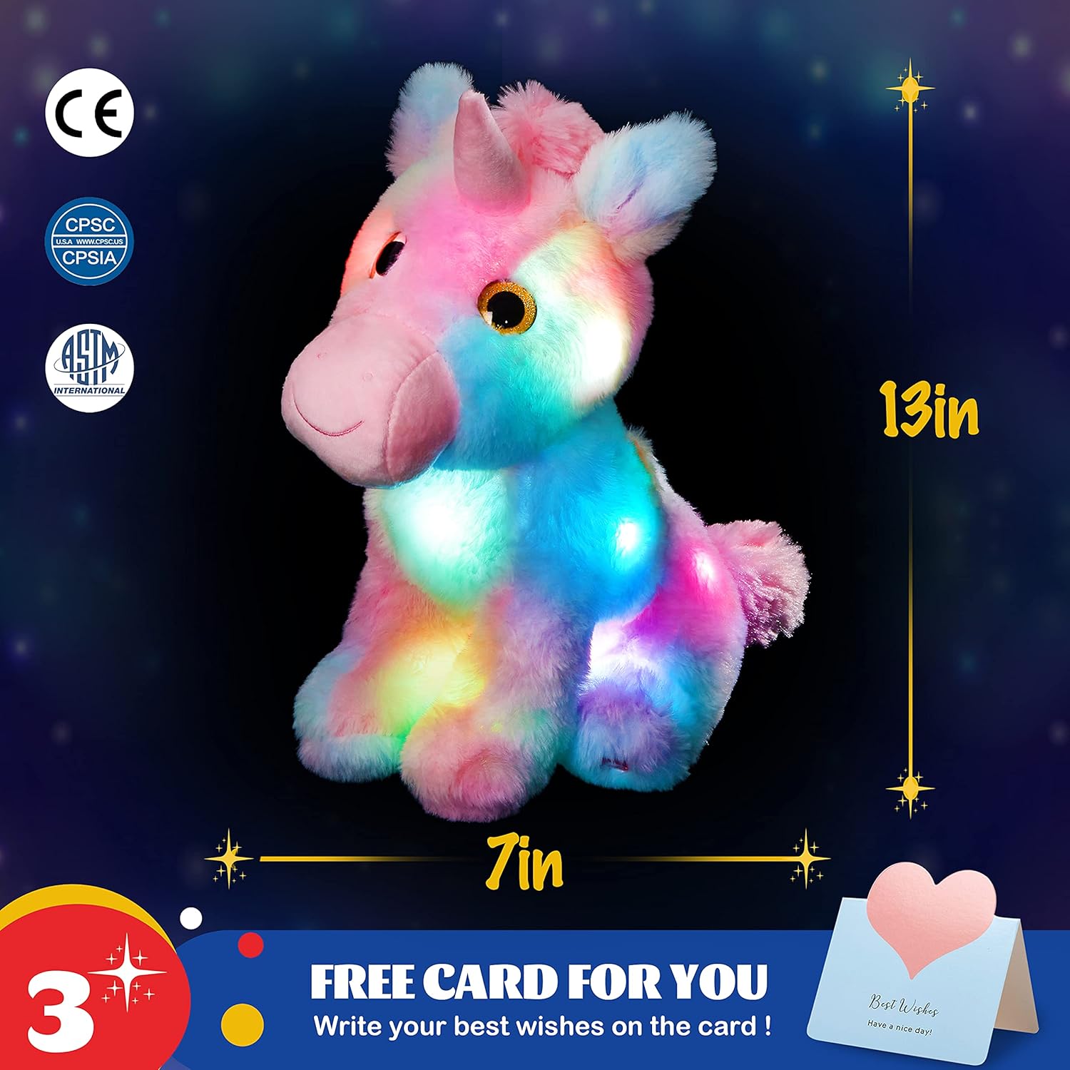 Glow Guards Unicorn Stuffed Animal with dimensions and safety certifications