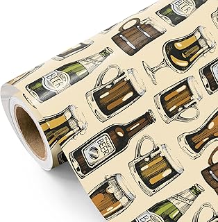 WRAPAHOLIC Beer Wrapping Paper Roll - Mini Roll - 17 Inch x 16.5 Feet - Glass Mug and Beer Bottles Wrapping Paper, Perfect for Men Birthday, Beer Party, Father's Day