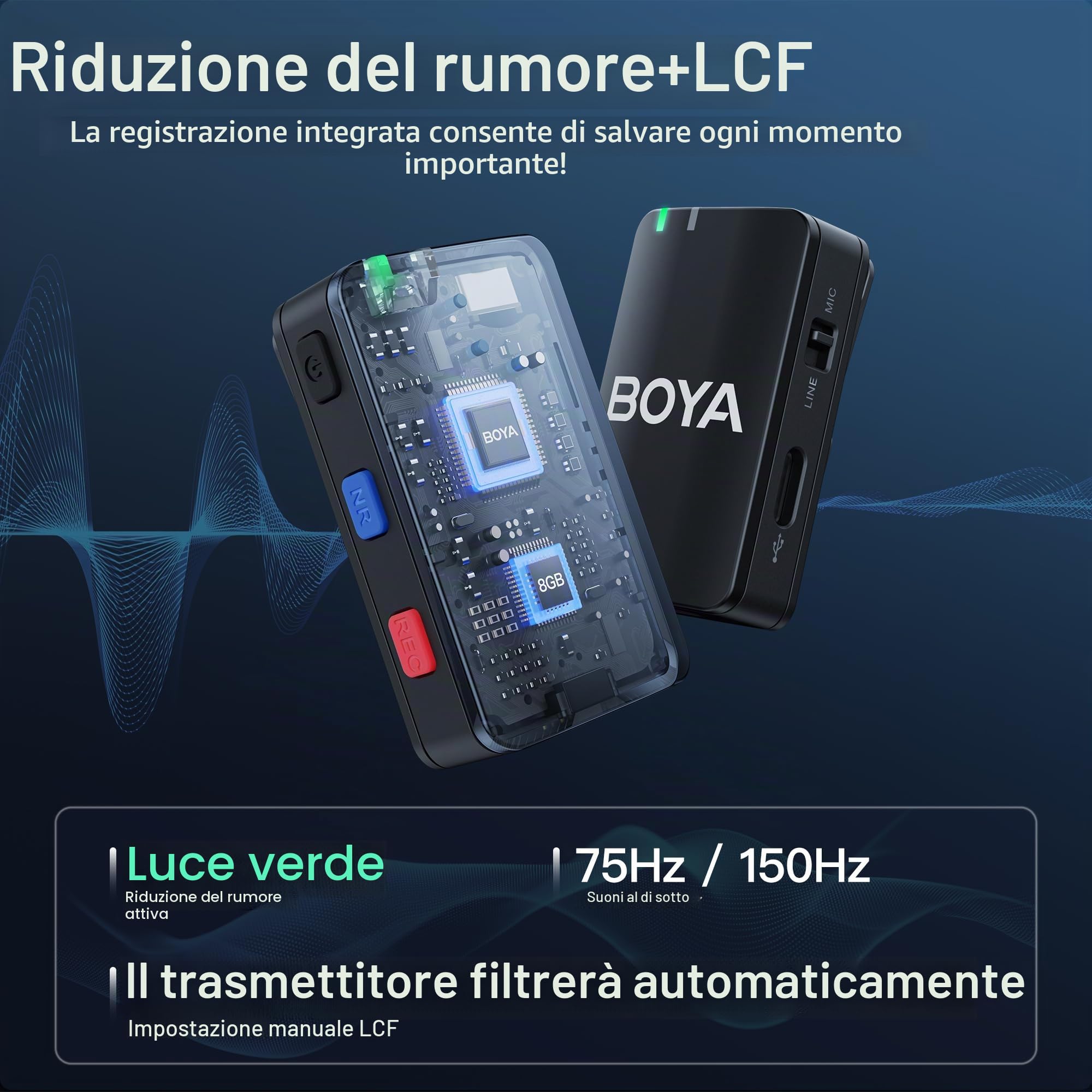 Boya Boyamic, microfono lavalier wireless per fotocamera iPhone e smartphone Android, registrazione integrata, portata 200 m, microfono wireless con clip per streaming live e registrazione podcast