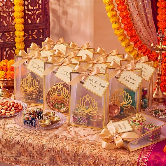24 Pcs Diwali Pooja Clear Gift Bags Bulk for Indian Return Favor, Lotus
