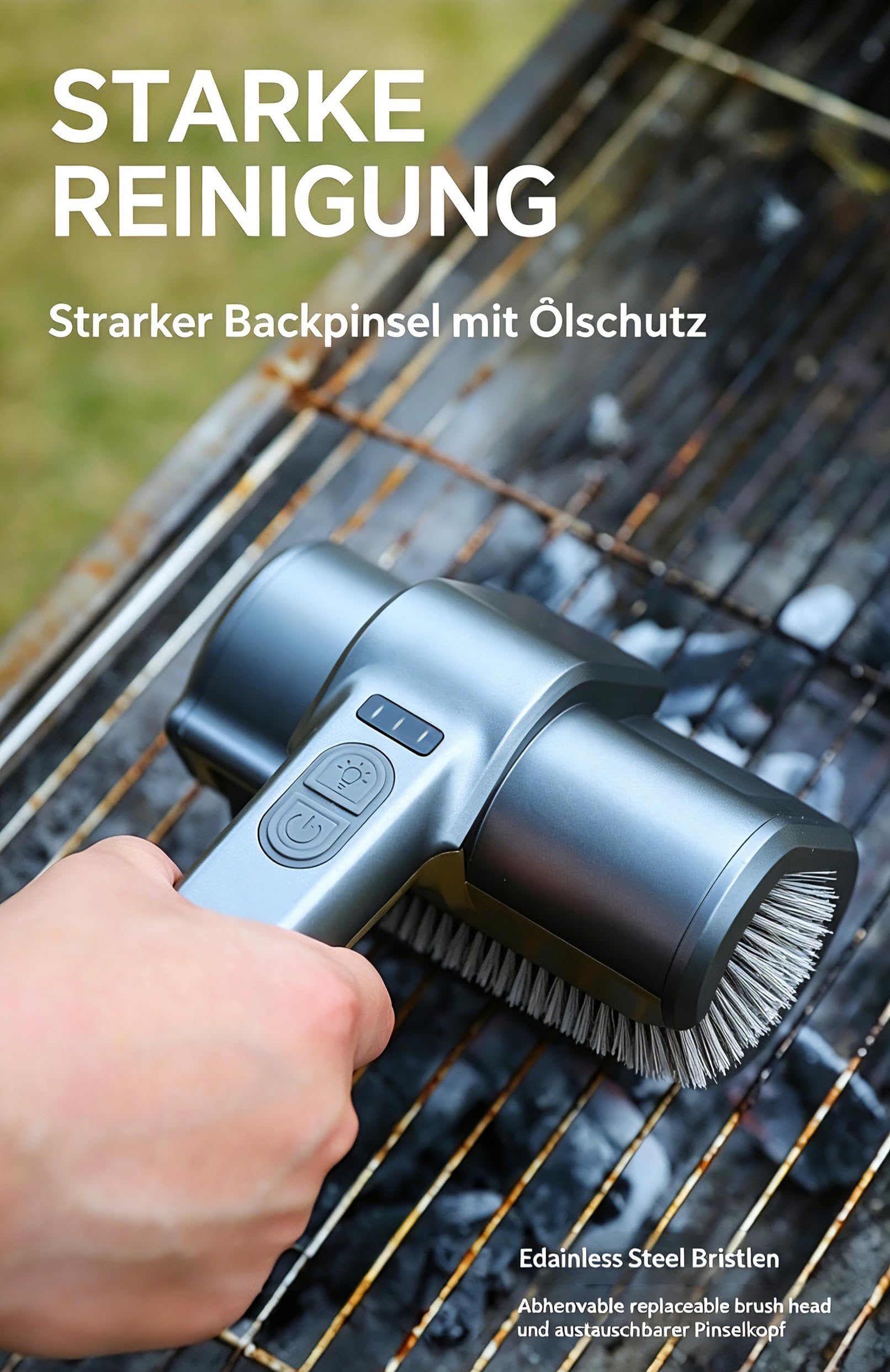 OHAANYY Cepillo Eléctrico Barbacoa a Batería Limpiador de Parrillas BBQ | Limpiador Parrillas 4000mAh 300Rpm con Luz LED y 3 Cepillos de Acero Inox, Perfecto para Casi Todas las Barbacoas BBQ