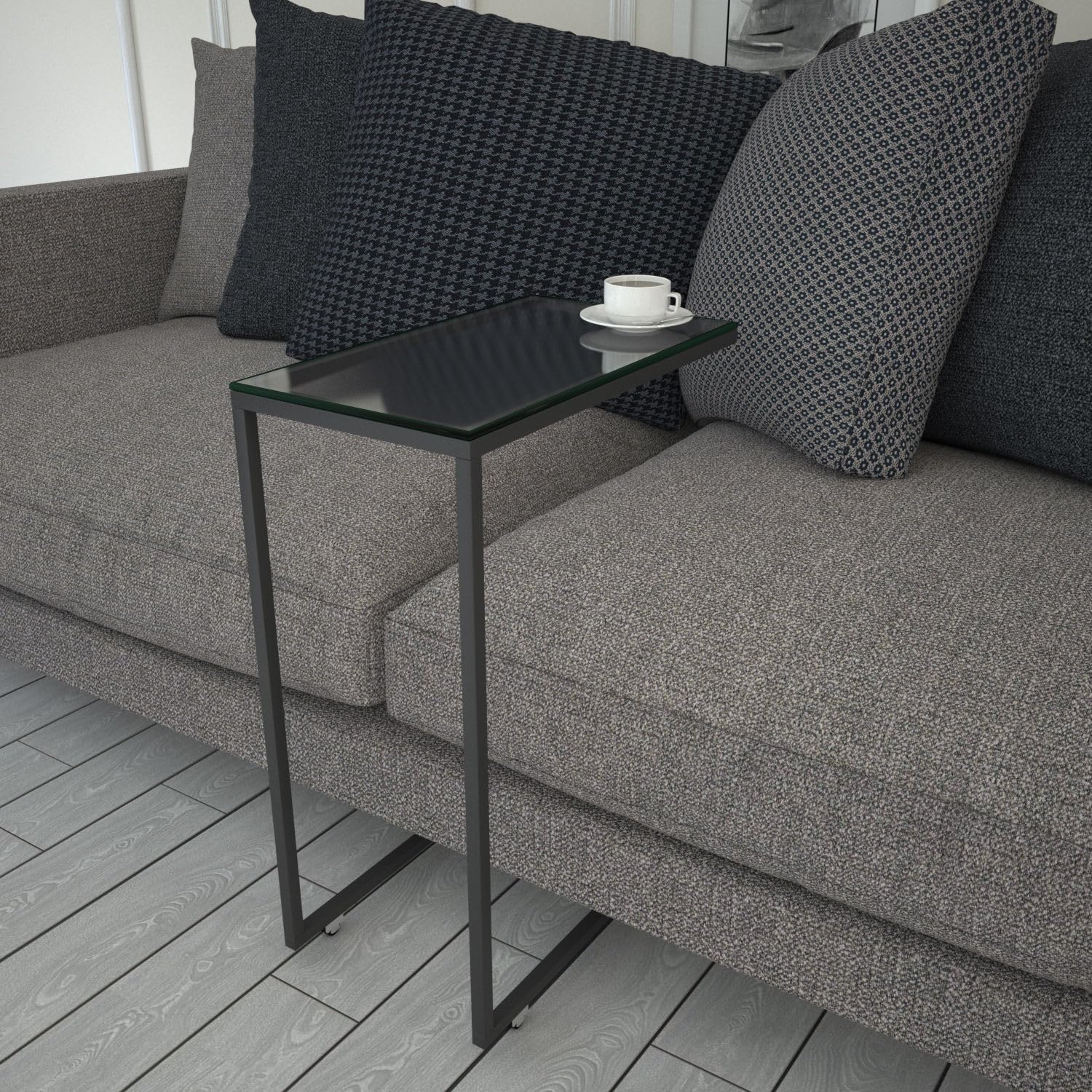 Hanah Home Industrial Side Table with Wheeled Metal Legs, Anthracite, 46 x 62 x 26 cm, 100% Melamine Coated Particle Board & Tempered Glass, Stylish & Functional