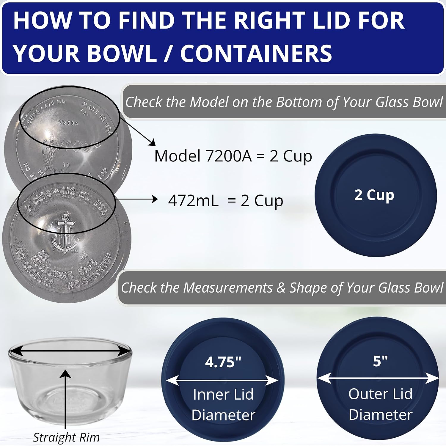 2, 4 & 7 Cup Navy Replacement Lids/Covers for Pyrex, Anchor Hocking & KlareWare Storage Bowls *Lids Only Glass Container Not Included* (9 Pack *Three of Each Size*)