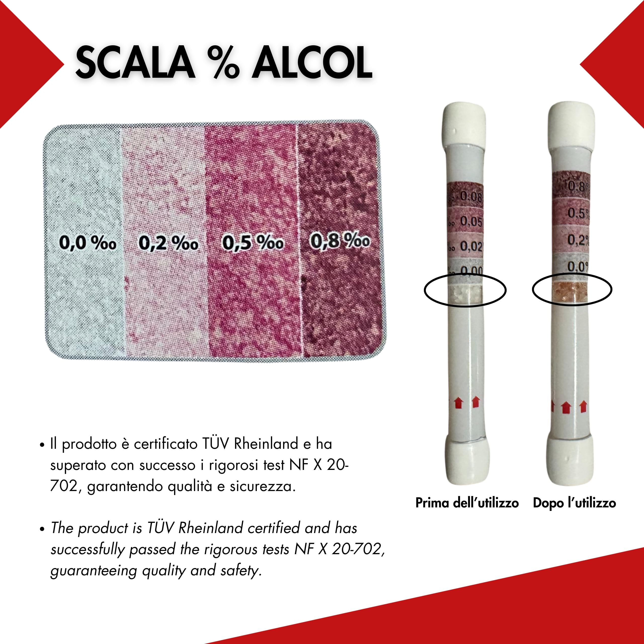 Bottari S.O.S - Test d'alcool jetable certifié UE 0,2 g/L, éthylotest jetable Portable, 4 Niveaux de détection, résultat Rapide, Lot de 30 pièces
