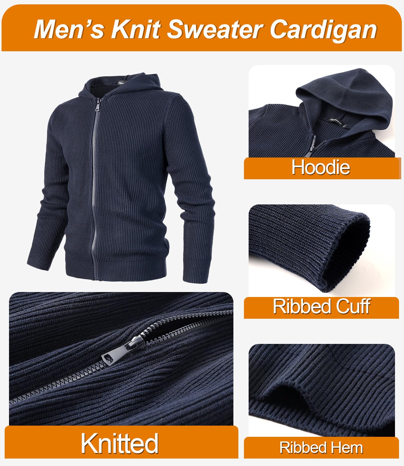 Cardigan con Cappuccio da Uomo Invernale Lavorato a Maglia con Cerniera Intera Giacca Maglione Felpe Classico Autunno Calda Lunga Pullover Sweater