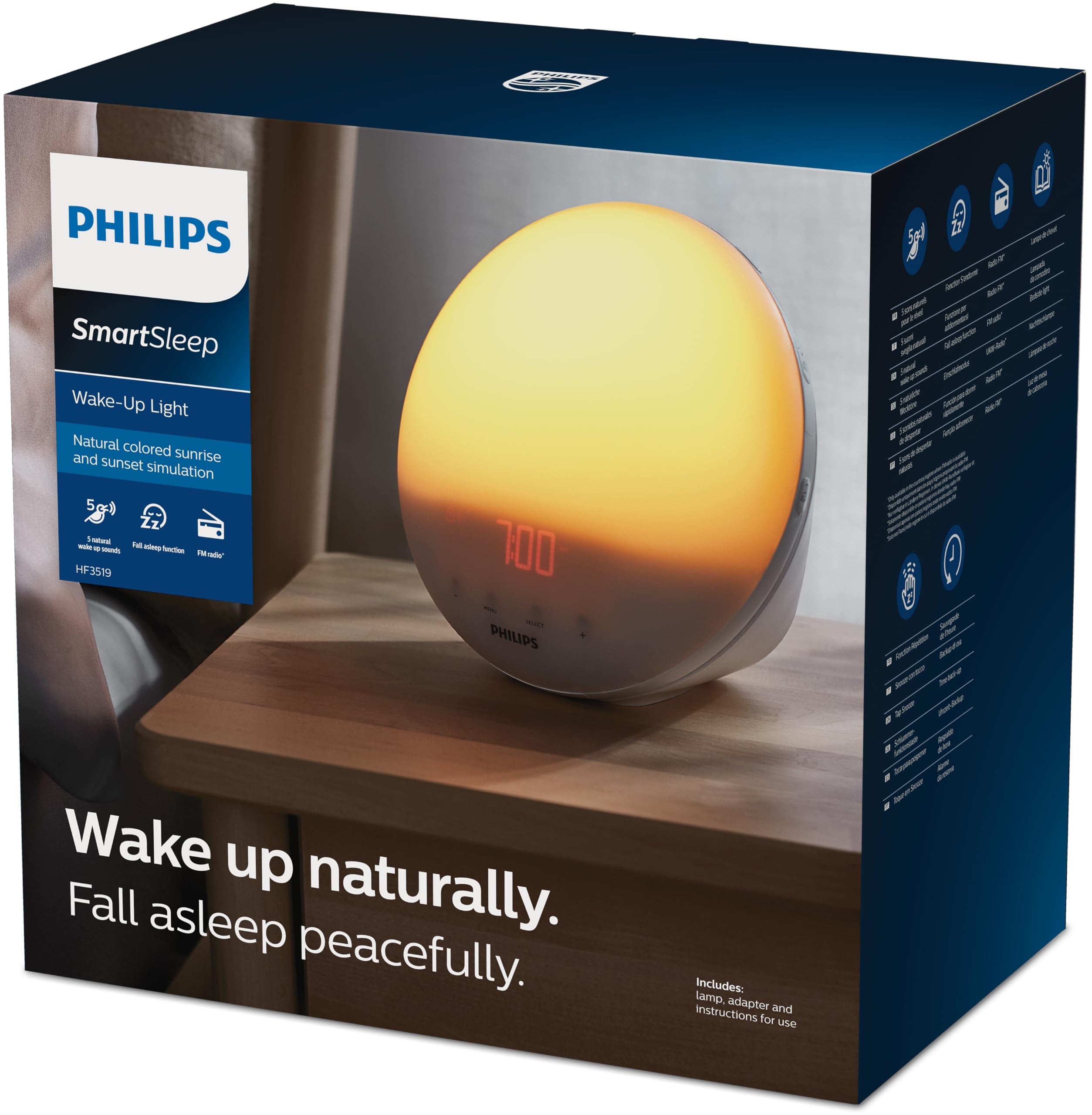 PHILIPS HF3519/01 Despertador de luz con simulación del amanecer, Radio FM y lámpara de lectura, 5 sonidos naturales, Alarma diferida, Blanco