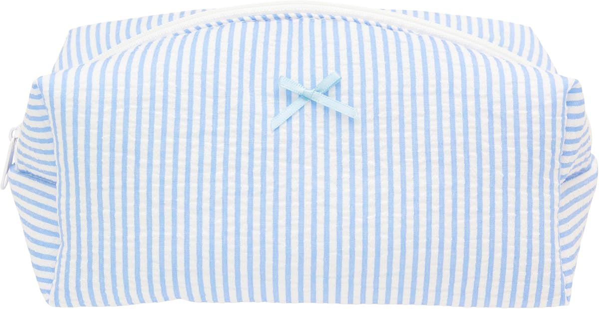 PAZIMIIK Cozy Makeup Bag for Women,Zipper Cosmetic Pouch,Stripe Blue | Soft Cosmetic Organizer for Makeup,Skincare,Toiletries,Daily Beauty Essentials,Purse,On-the-Go,Bridesmaid Gifts