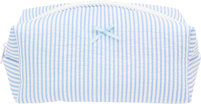 PAZIMIIK Cozy Makeup Bag for Women,Zipper Cosmetic Pouch,Stripe Blue | Soft Cosmetic Organizer for Makeup,Skincare,Toiletries,Daily Beauty Essentials,Purse,On-the-Go,Bridesmaid Gifts