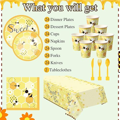 Miniatura 3 de Juego de 170 platos de abeja y servilletas, suministros de fiesta Sweet As Can Bee, incluye manteles, platos, servilletas, vasos de papel, cuchillo,